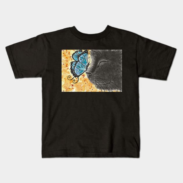 Black cat blue butterfly art Kids T-Shirt by SamsArtworks